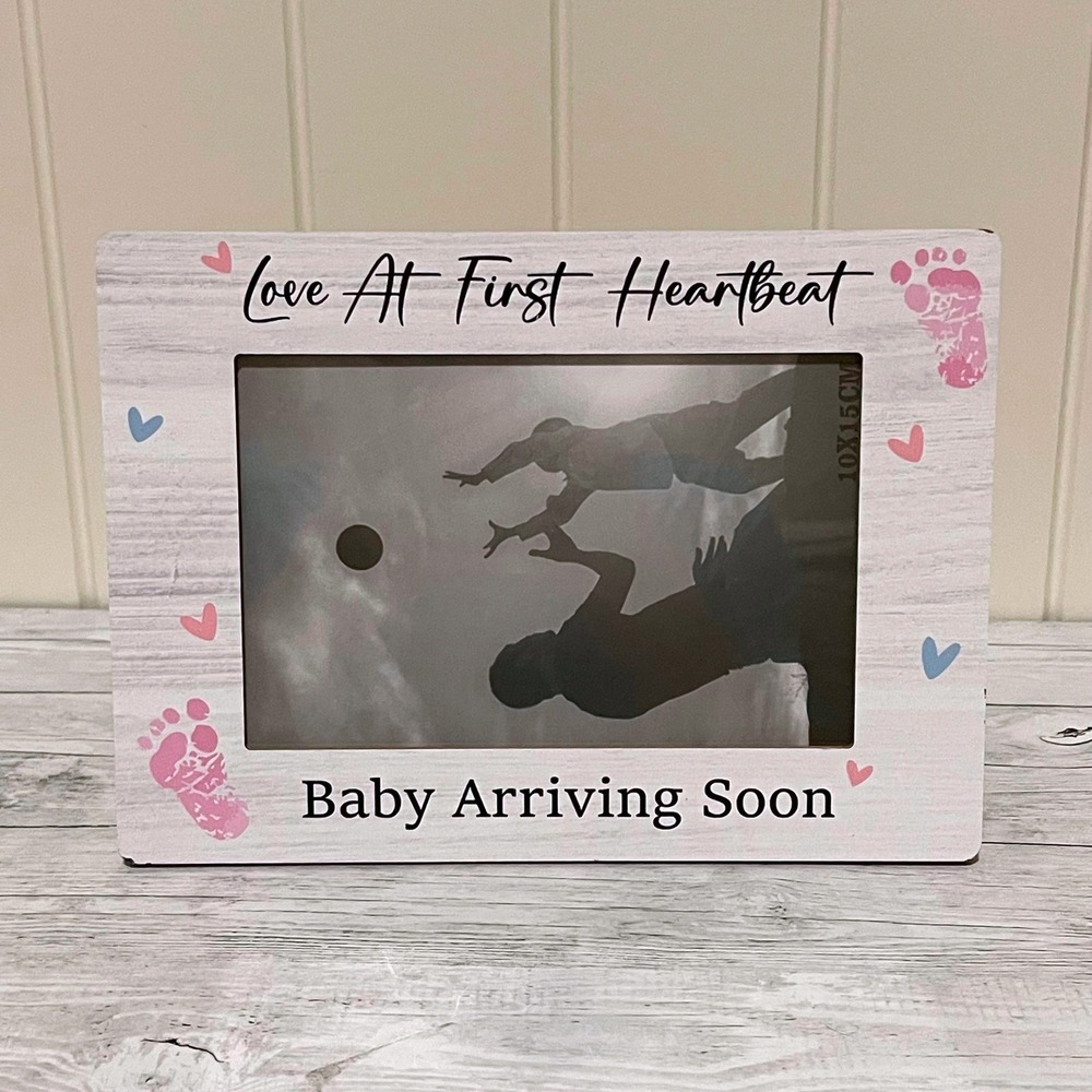 Love At First Heartbeat Baby Sonogram Picture Frame White Wood 4x6 Ultrasound